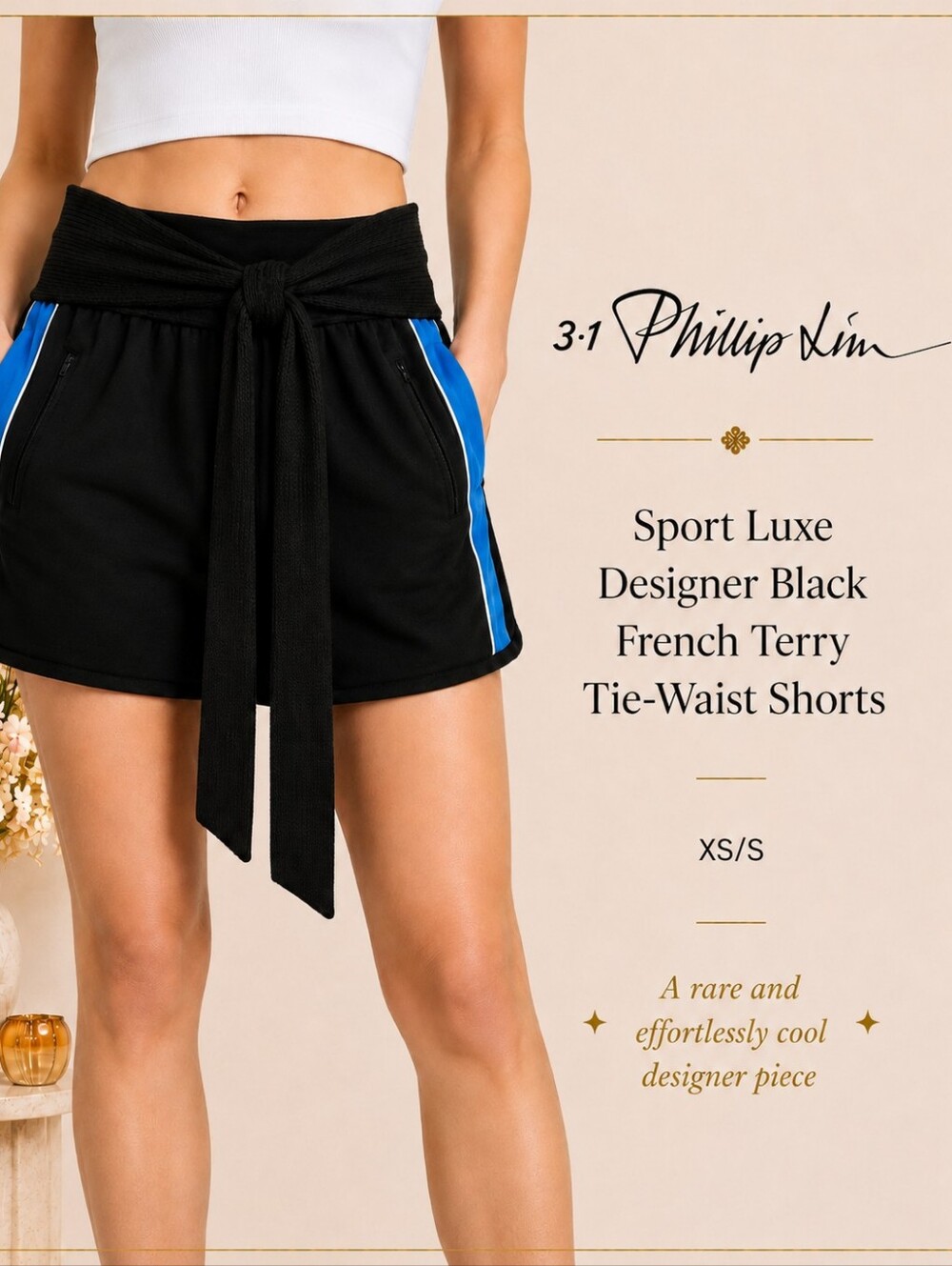 3.1 Phillip Lim Sport Luxe Designer Black French Terry Tie-Waist Shorts | XS/S